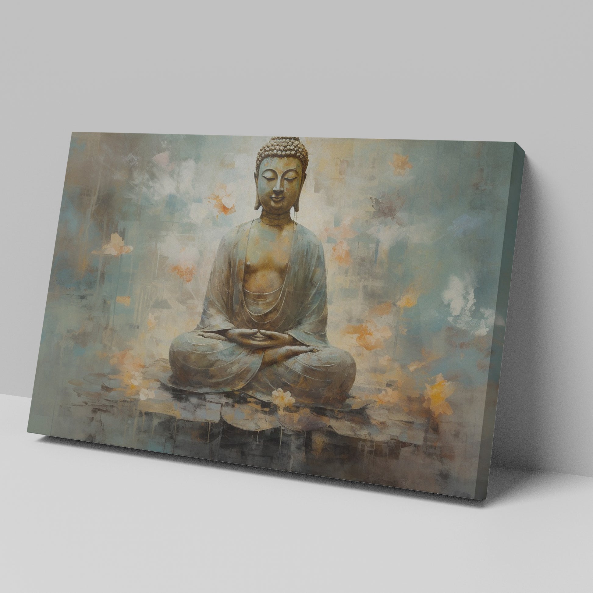 Framed canvas print of serene Buddha in meditation with abstract blue and orange background