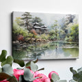 Framed canvas print of an Asian landscape with traditional pagoda and serene lake