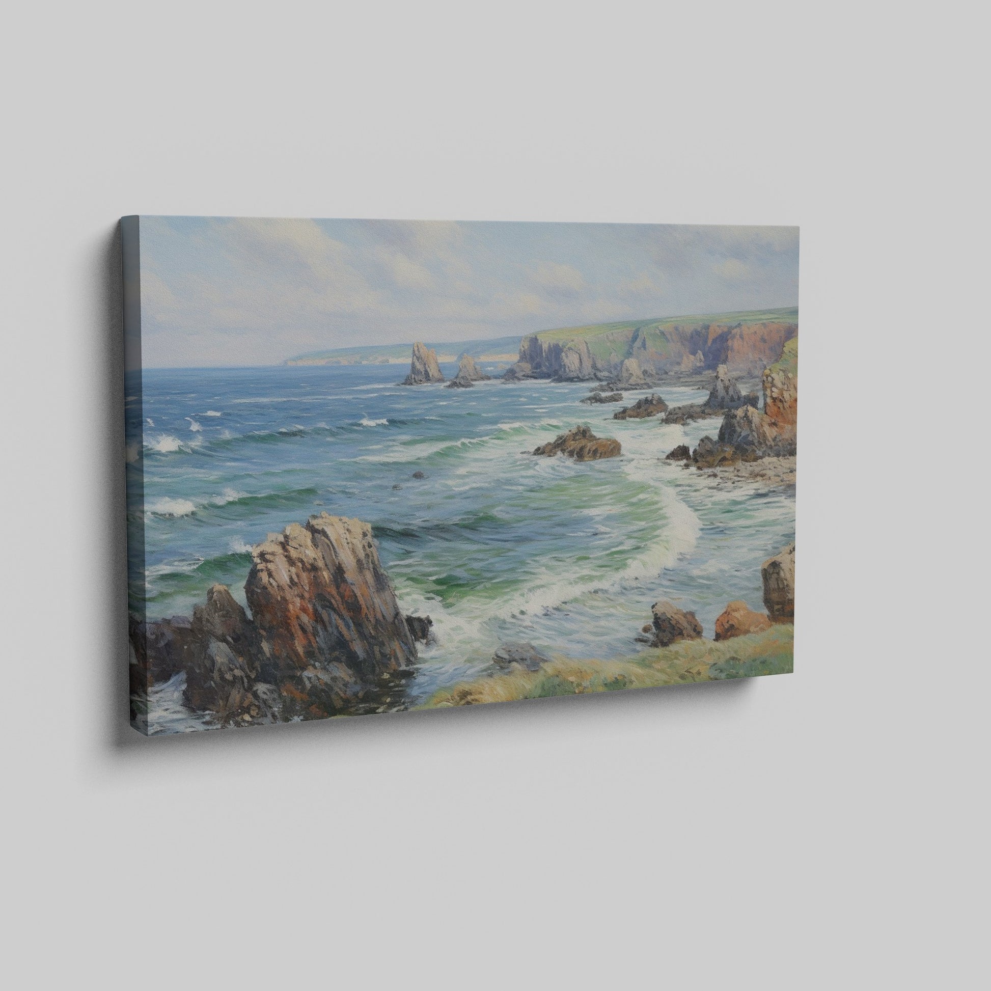 Framed canvas print of a serene seascape with ocean waves, cliffs, and blue skies