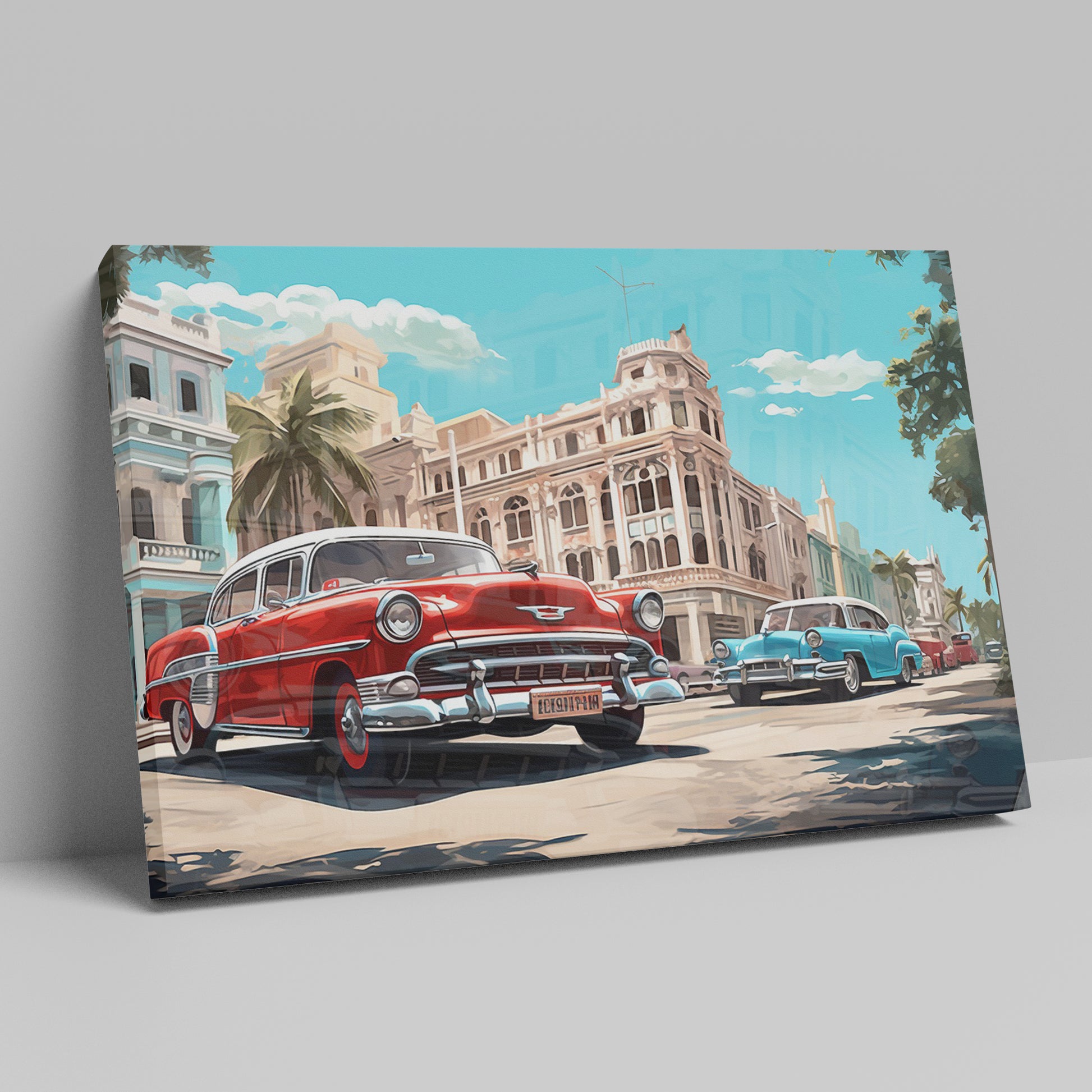 Framed canvas print of vintage cars and historic urban street scene in vibrant colours