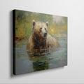 Framed canvas print of an impressionistic painting of a brown bear in a tranquil river setting with lush greenery