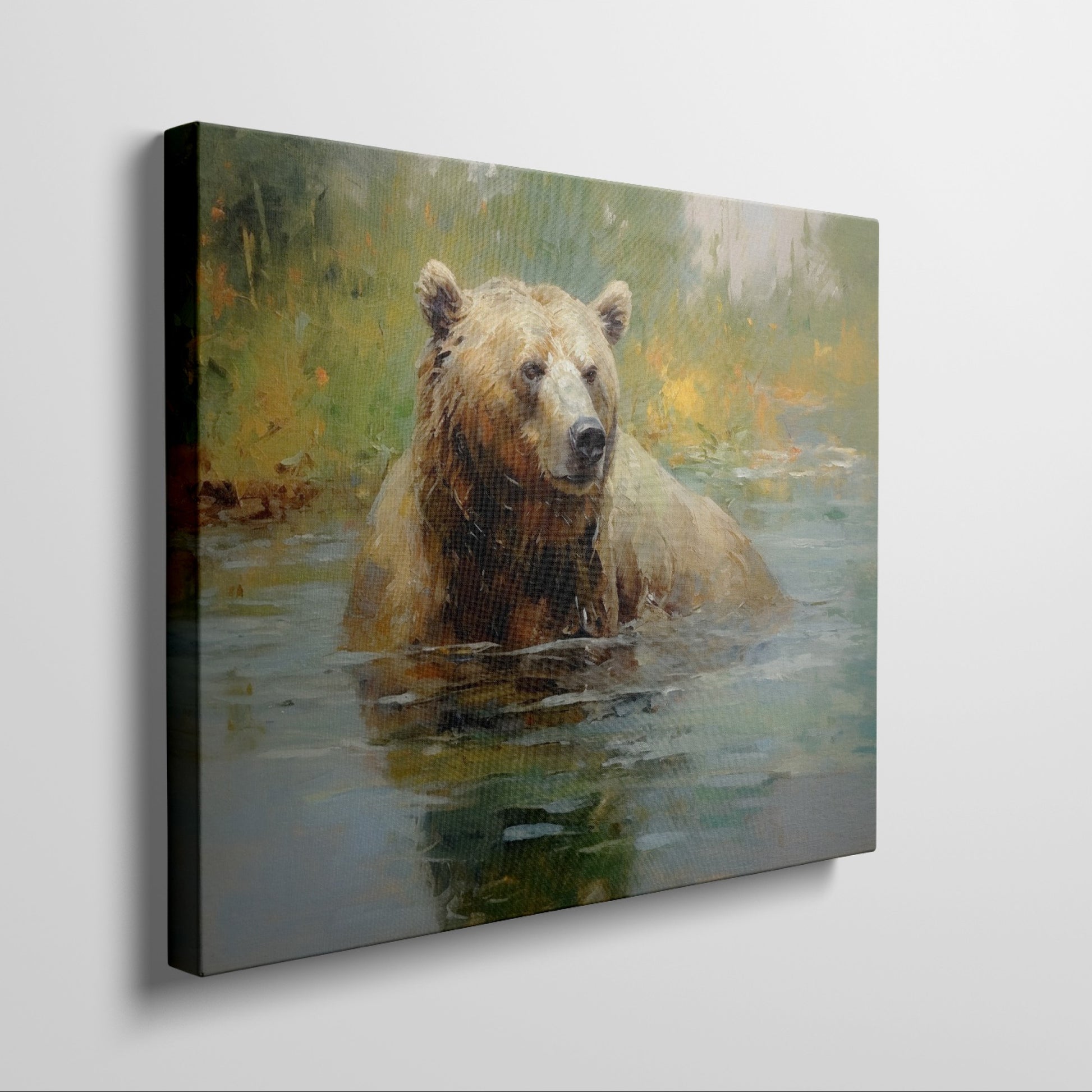 Framed canvas print of an impressionistic painting of a brown bear in a tranquil river setting with lush greenery