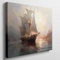 Framed canvas print of a historic sailboat sailing at sunset with golden light reflecting on the water