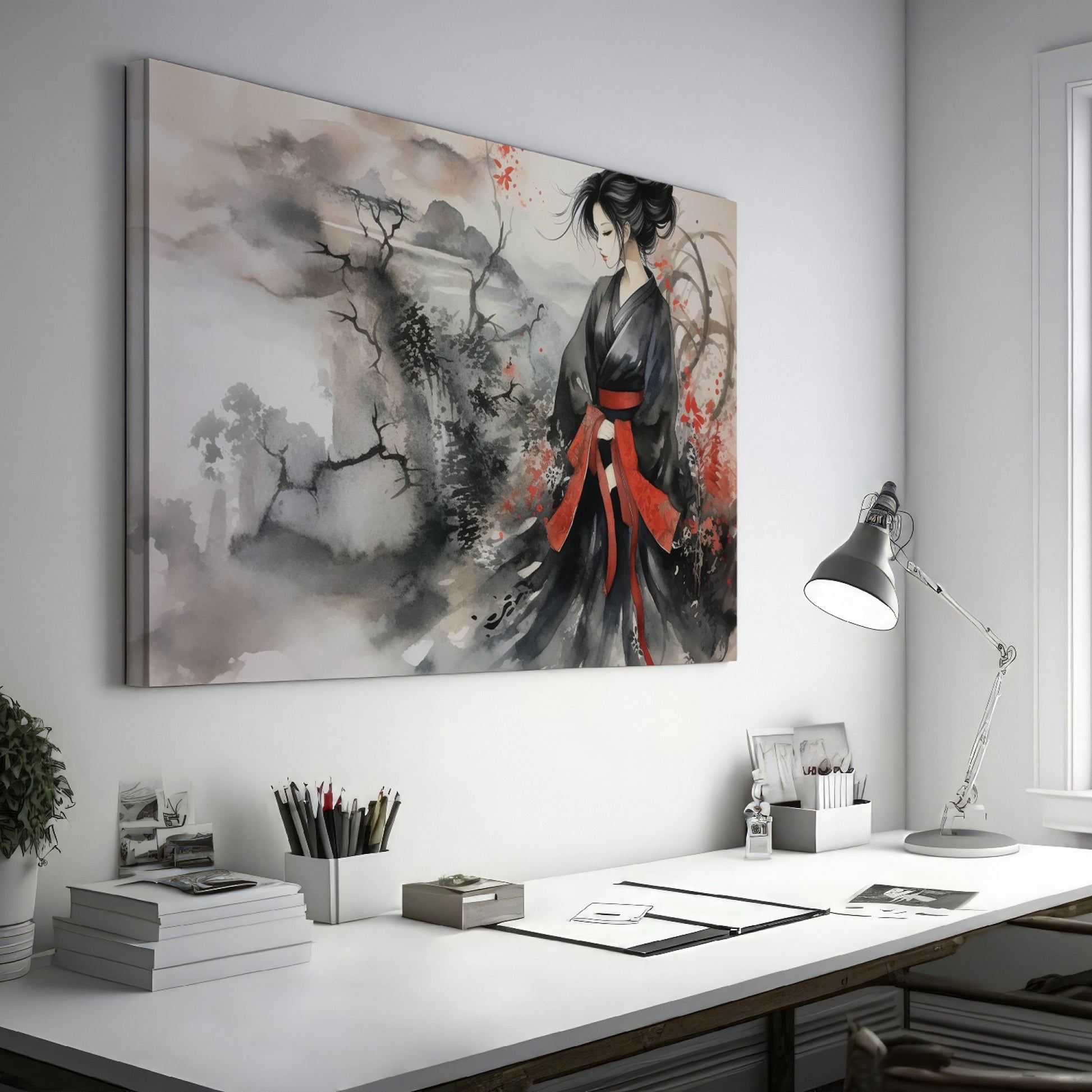 Framed canvas print of a geisha in a traditional black and red attire, set against an Asian-inspired misty mountainous landscape with ink wash and watercolour.