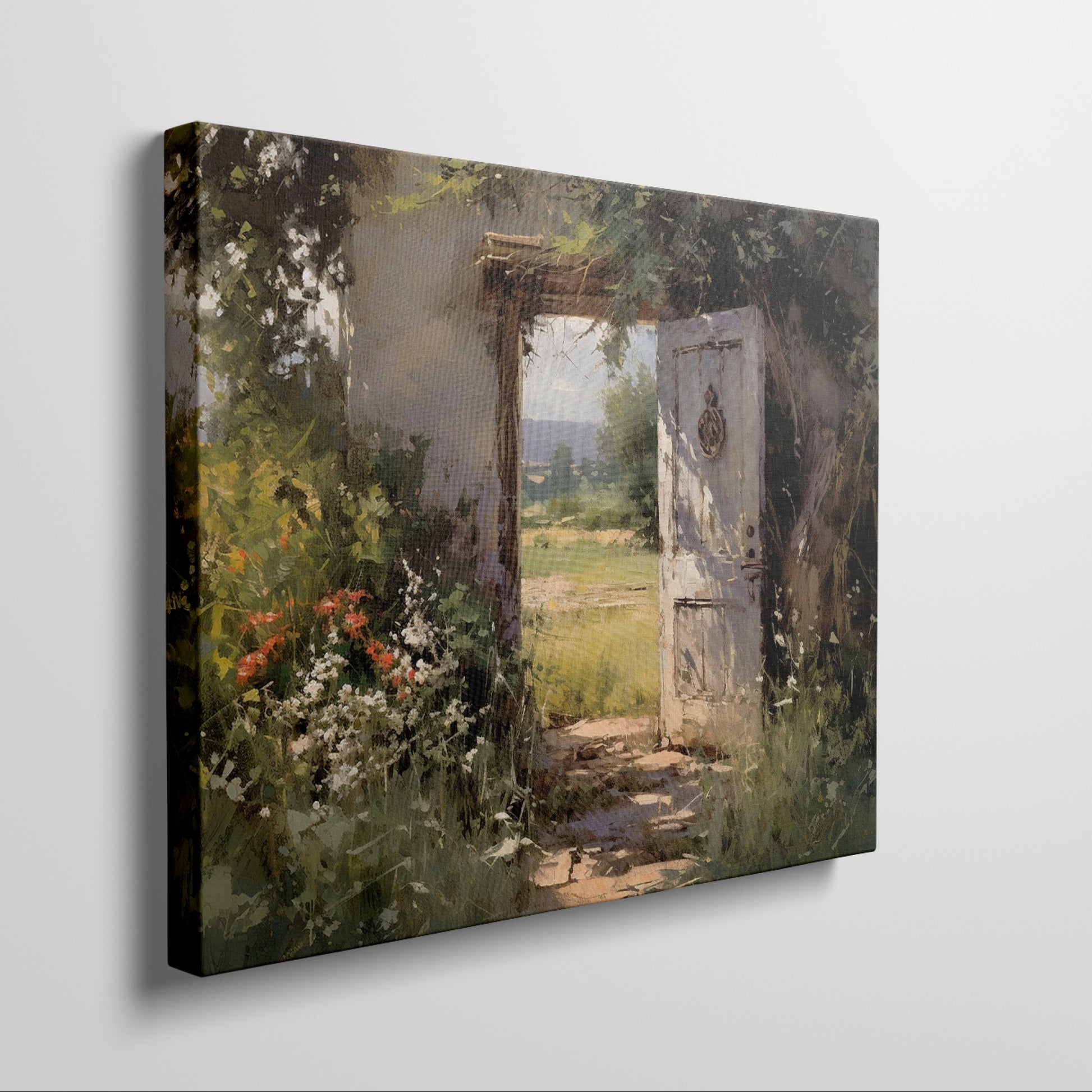 Framed canvas print of a vintage impressionist painting featuring a rustic doorway with blooming wildflowers leading to sunny countryside