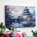 Digital painting of an Asian temple with cherry blossoms and a bridge over a reflective pond