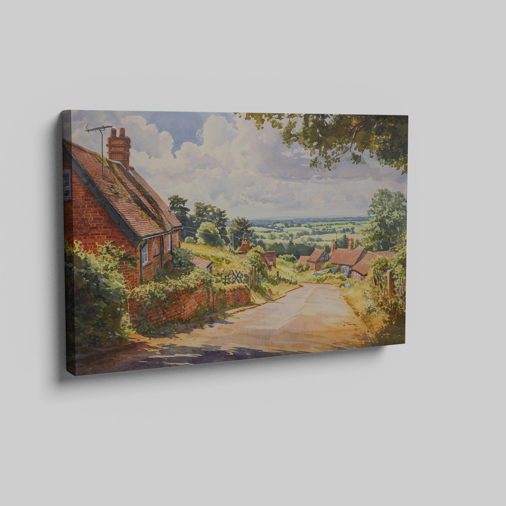 Framed canvas print of a summer countryside scene with traditional brick houses and a country road