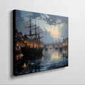 Framed canvas print of historical harbour at sunset with ships and city lights