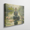 Framed canvas print of a meditative woman in a tranquil lotus pond with soft light and pastel colours