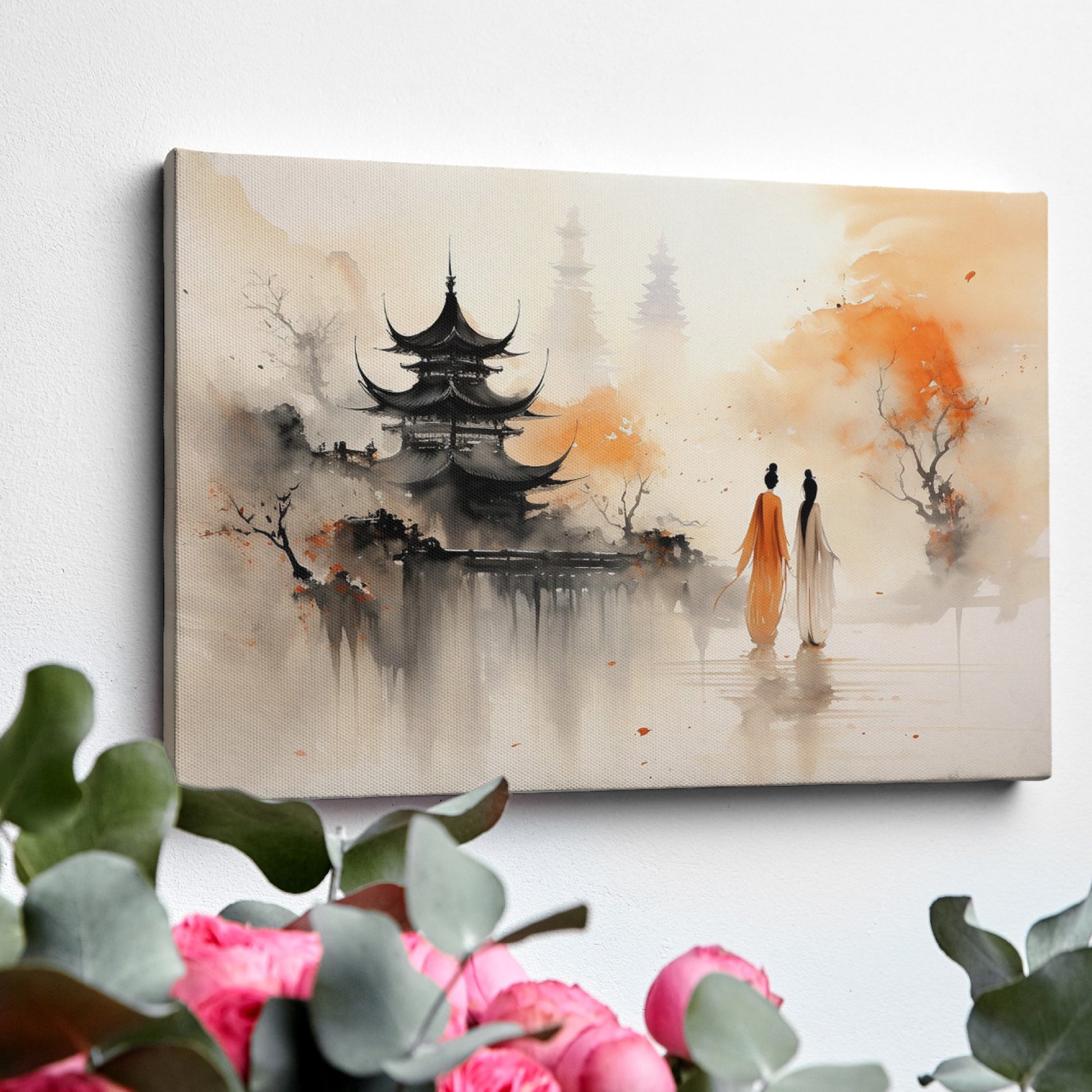 Framed canvas print of Oriental pagoda and autumn reflection with silhouetted figures in mist