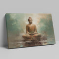 Framed canvas print of a meditative Buddha in earthy browns and soft blues