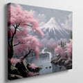 Framed canvas print of a serene Japanese landscape with pink cherry blossoms and Mount Fuji