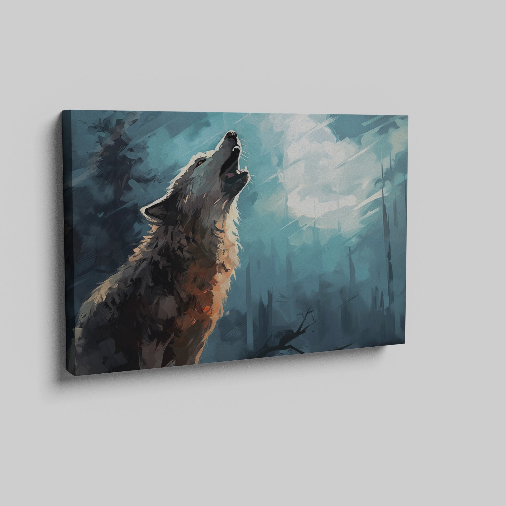 Framed canvas print of a majestic wolf howling in a mystical forest with striking blue and black tones