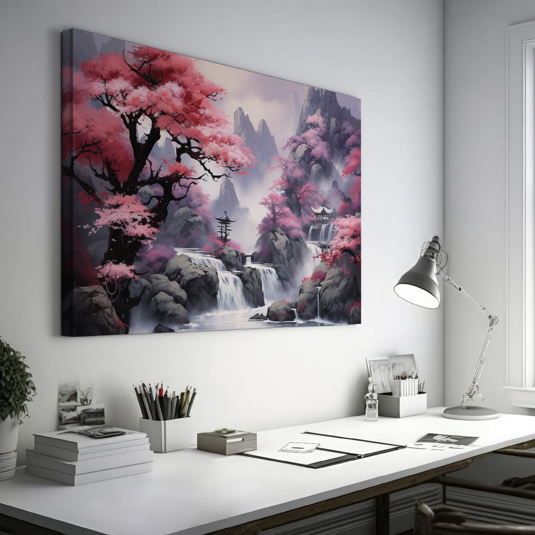 Framed canvas print of a mystic Eastern landscape with cherry blossoms and a mountain waterfall