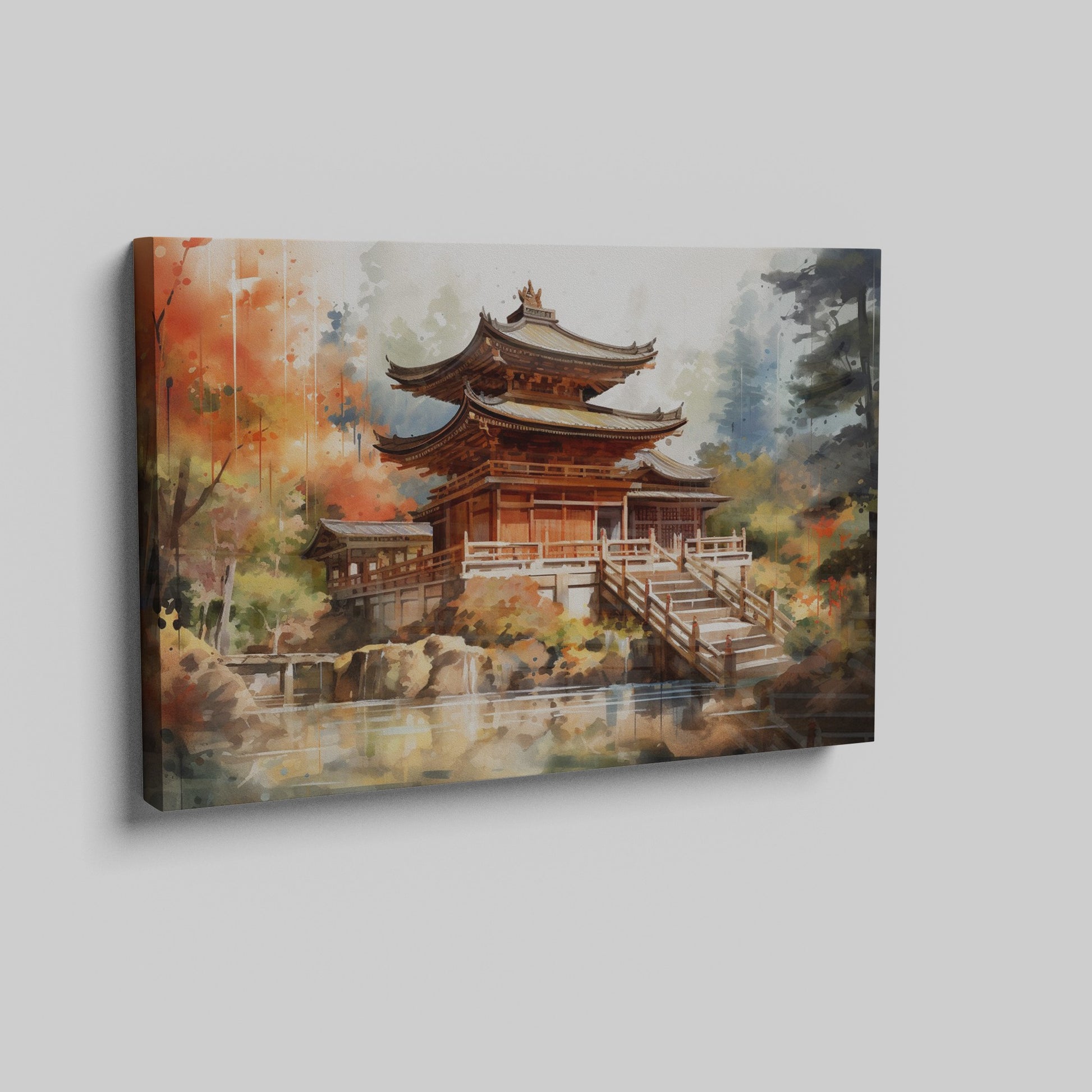 Framed canvas print of a Japanese temple amid autumn scenery with vibrant red and orange leaves