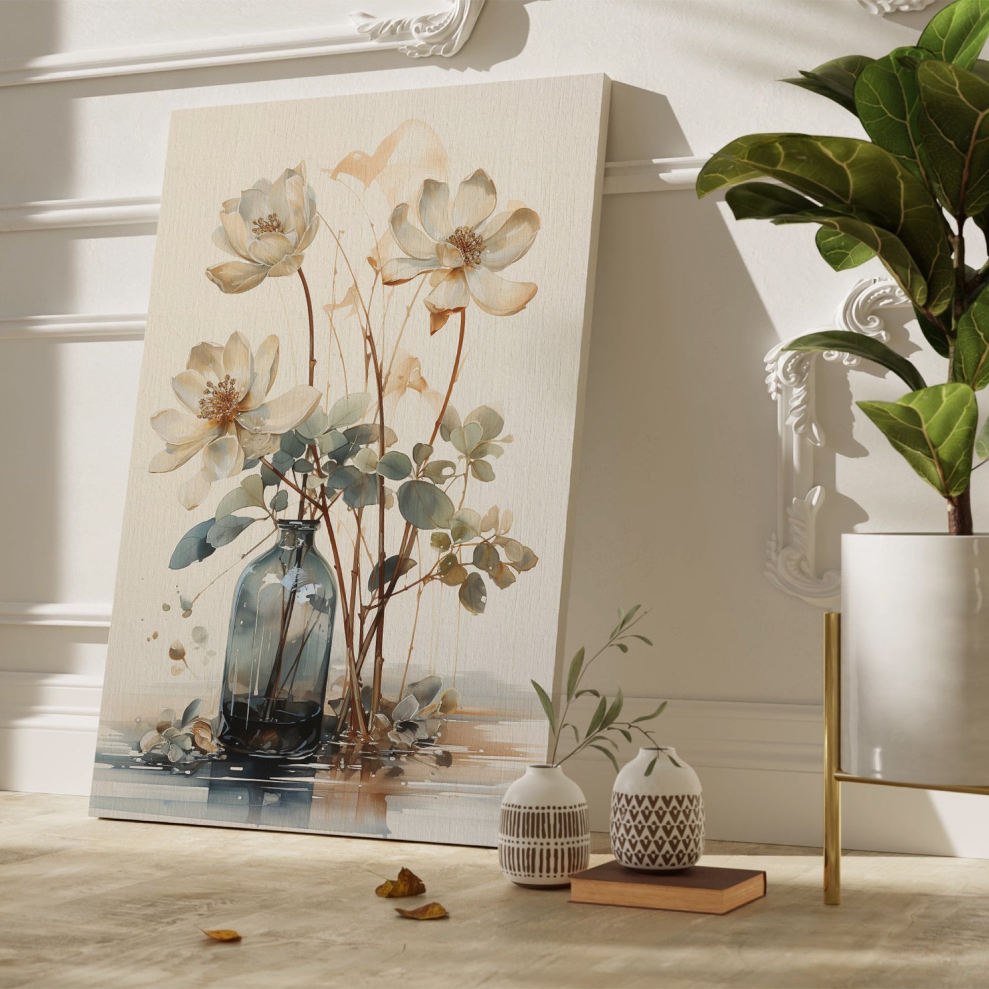 Framed canvas print of watercolor flowers in a glass vase with soft beige and brown tones