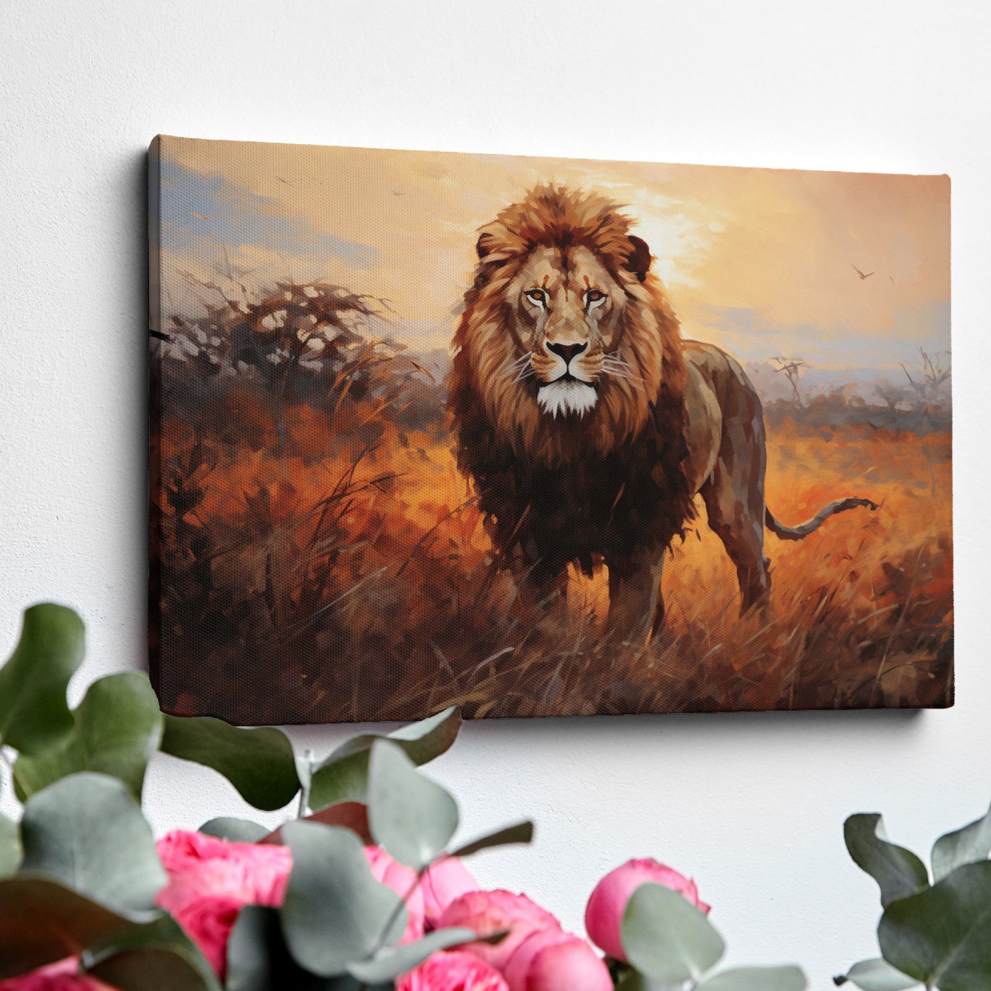 Framed canvas print of a majestic lion against a sunset on the savannah