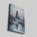 Framed canvas print of an impressionist painting showing a pagoda and cherry blossoms with reflections in water