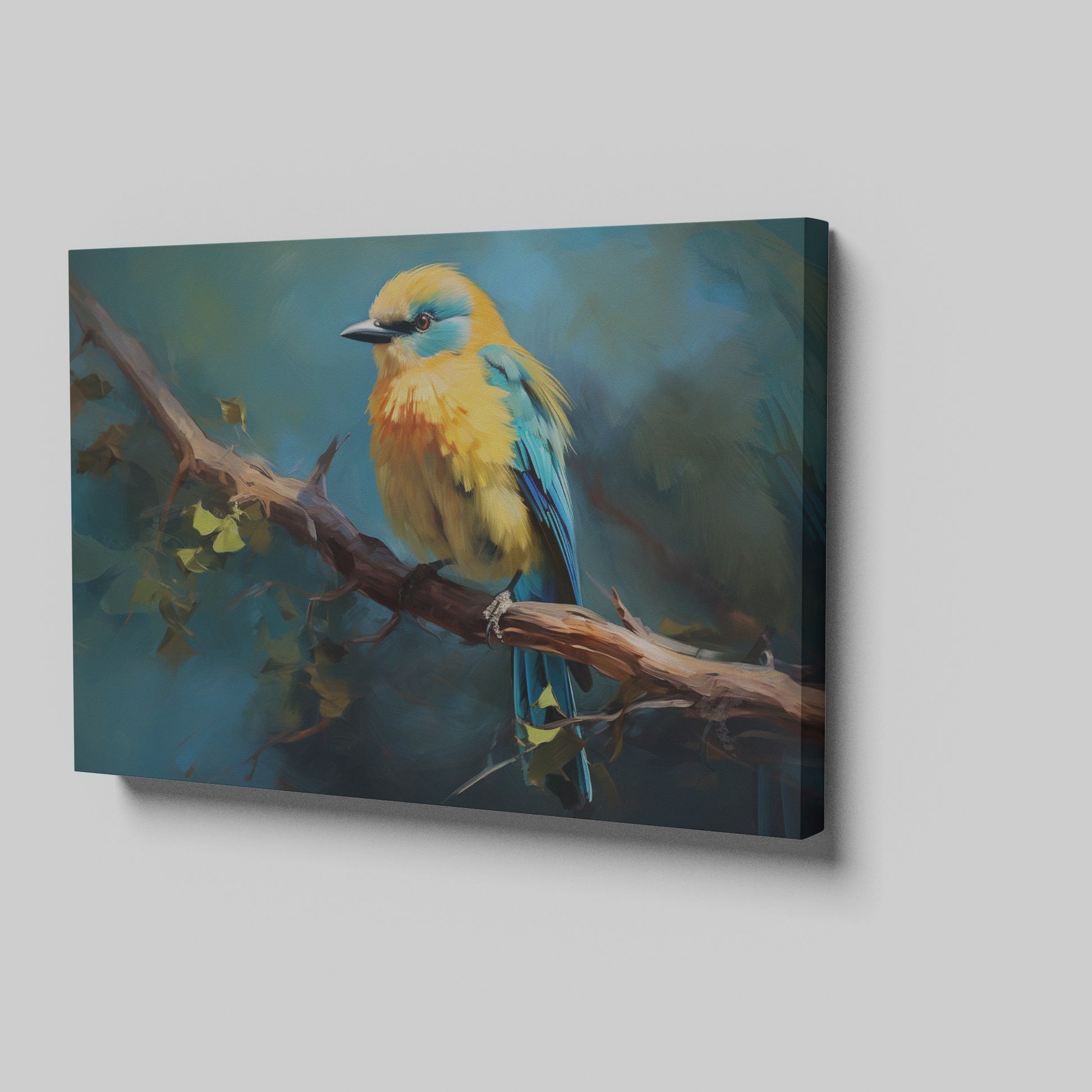 Framed canvas print of a vibrant blue and yellow bird perched on a tree branch with green leaves