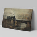 Framed canvas print of a vintage steam locomotive crossing a bridge amidst fog and autumnal trees