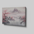 Framed canvas print of a traditional Asian landscape with cherry blossoms and misty mountains