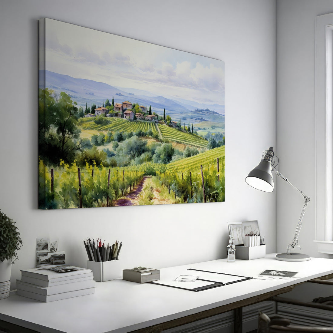 Framed canvas print of a Tuscan countryside panorama with a vineyard and rolling hills in watercolor style