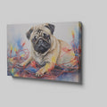 Framed canvas print of a lovable pug entwined with colourful Christmas lights in a painterly watercolour style