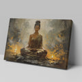 Framed canvas print of serene woman in meditation with warm, golden hues