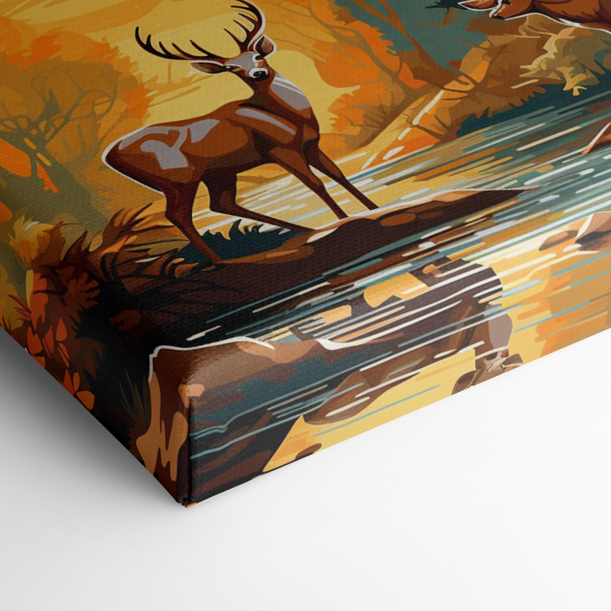 Digital painting of two stags by a river in an autumn forest with a sunset in the background