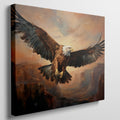 Framed canvas print of a majestic eagle flying over a canyon at sunset with warm golden and orange tones