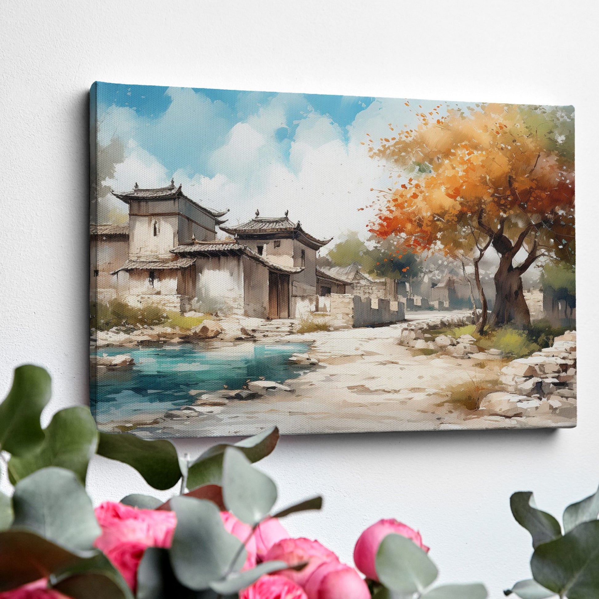 Framed canvas print of an impressionist style Oriental village scene with autumnal trees and traditional architecture