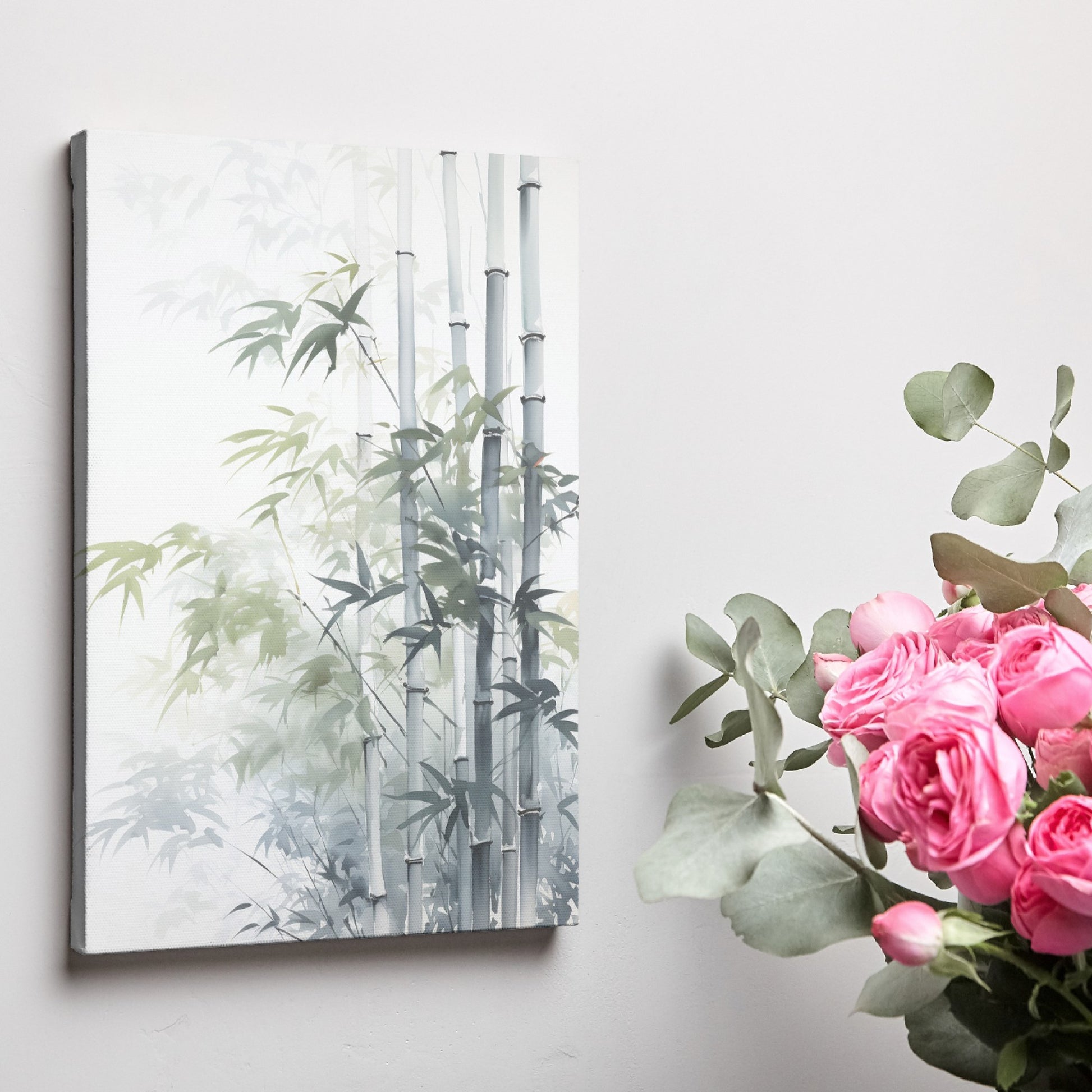 Framed canvas print of serene bamboo in ink wash style with subtle green and grey tones