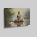 Framed canvas print of a serene golden Buddha seated by water with impressionistic background