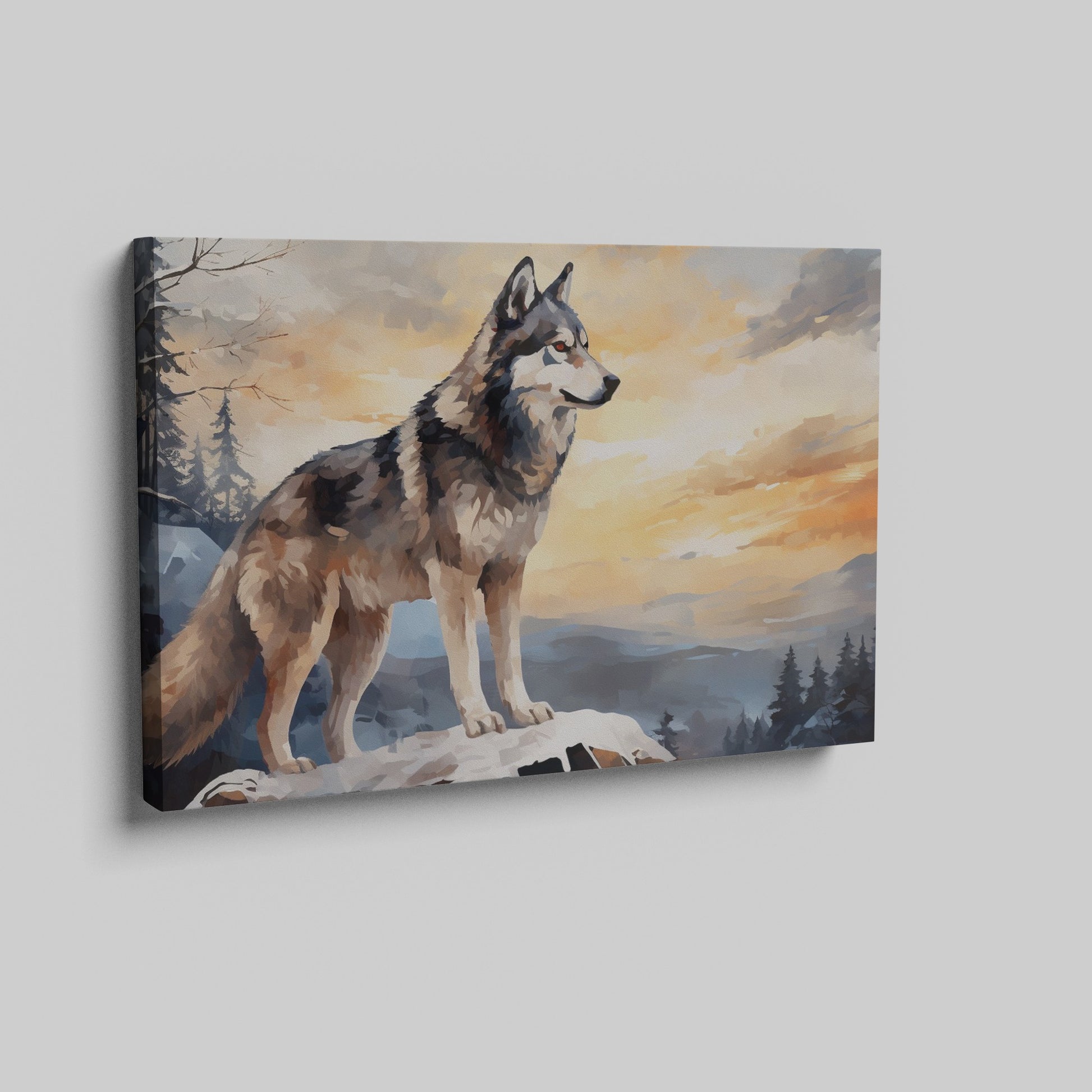 Framed canvas print of a majestic wolf overlooking a forest landscape at sunset