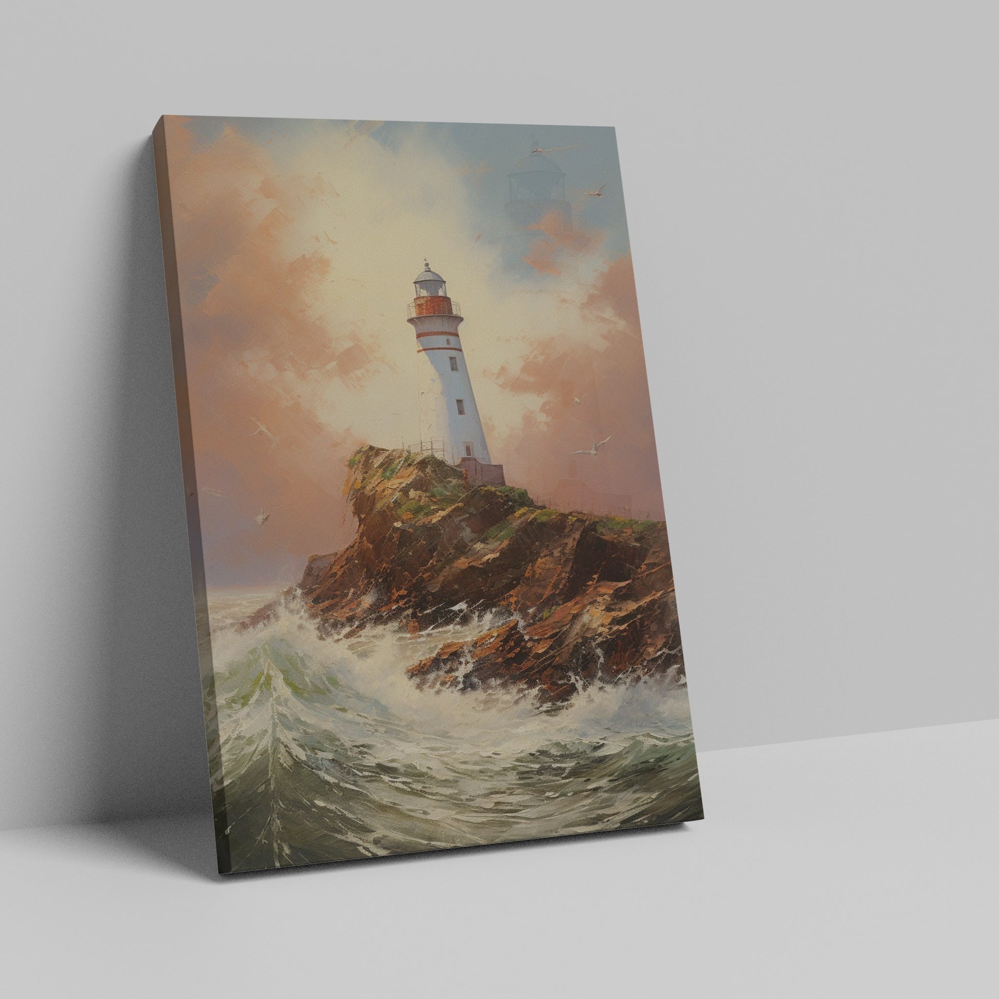 Framed canvas print of a clifftop lighthouse overlooking turbulent sea waves, under a light-infused sunset sky