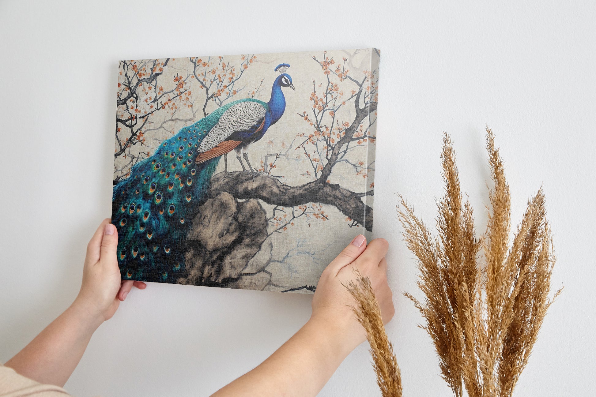 Framed canvas print of a peacock on a blossoming cherry tree with oriental art style