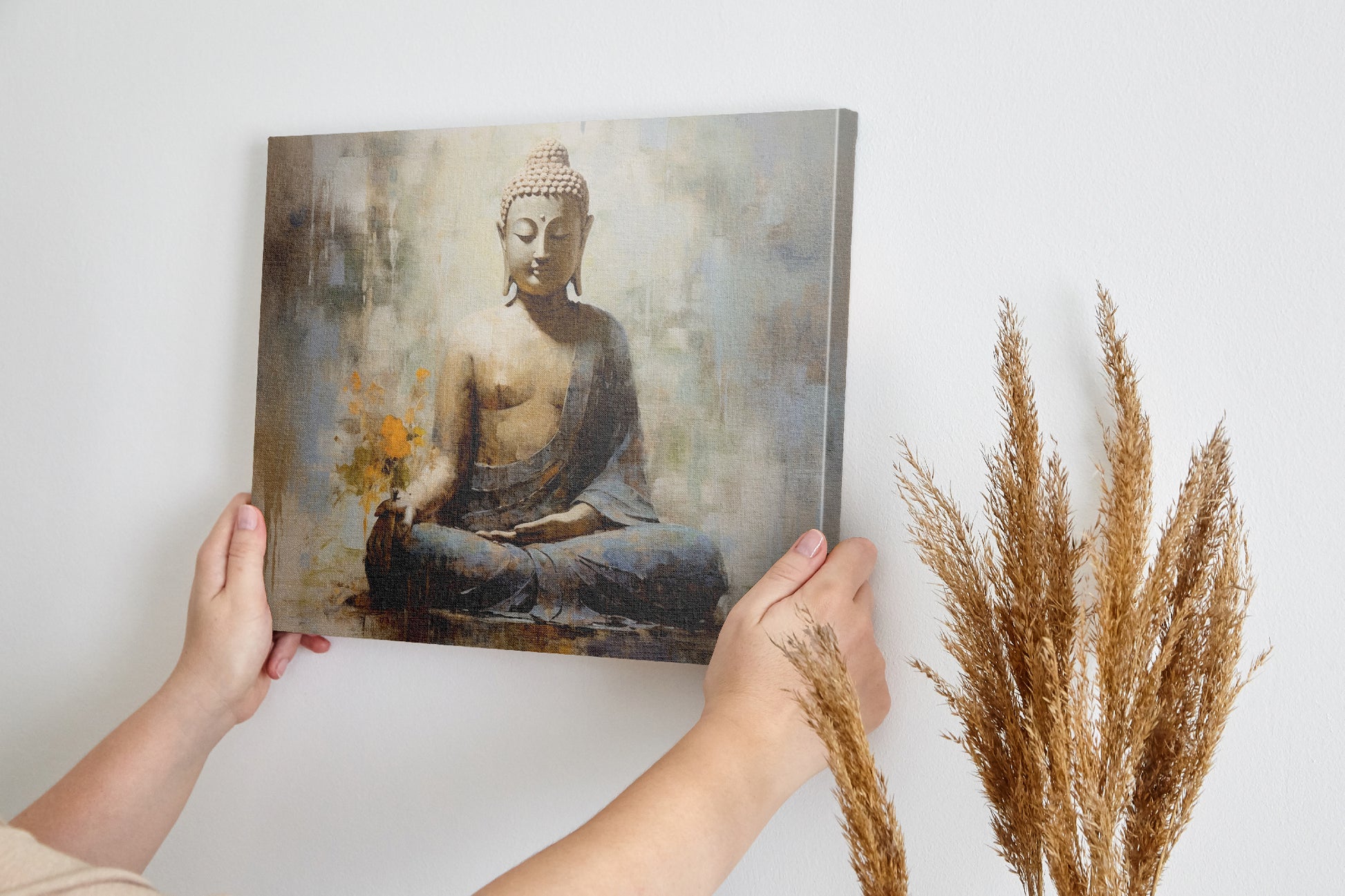 Framed canvas print of a serene meditative Buddha with abstract elements and earthy tones