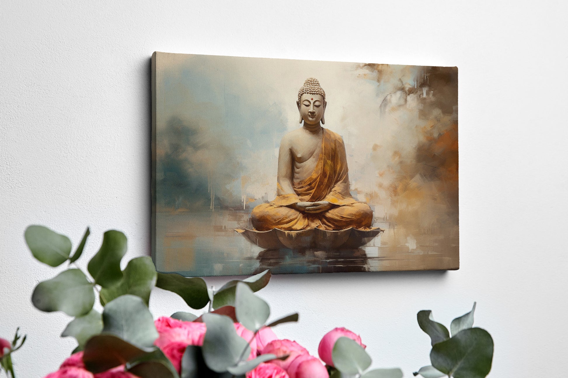 Framed canvas print of a serene Buddha in meditation with earthy tones