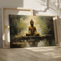 Framed canvas print of a serene and textured Golden Buddha on an abstract background