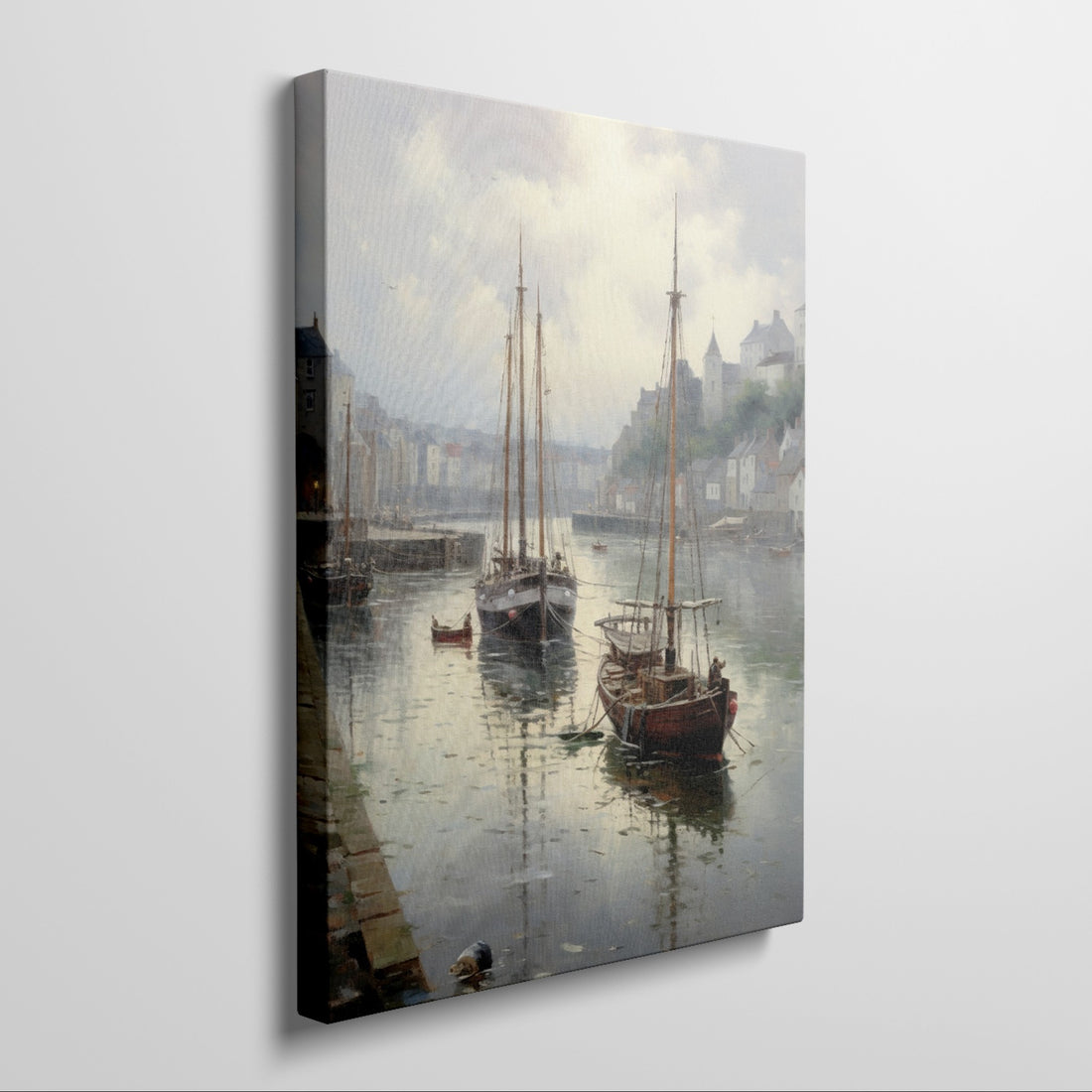 Framed canvas print of a tranquil harbour with vintage sailboats and quaint buildings