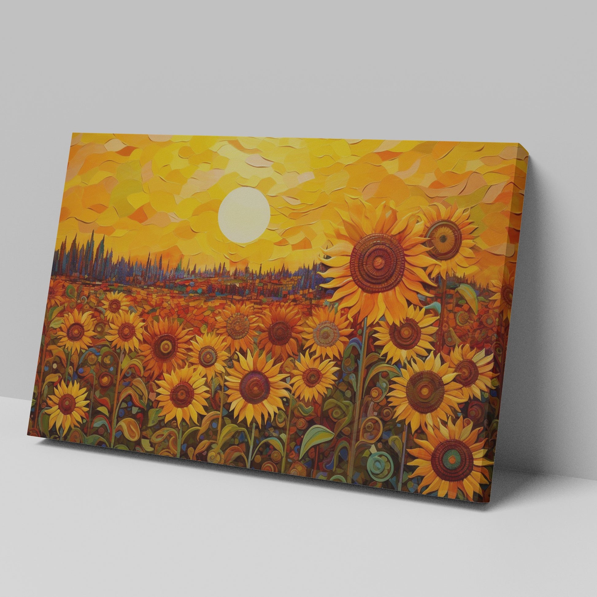 Framed canvas print of sunflowers beneath a golden sunset in an illustrative style