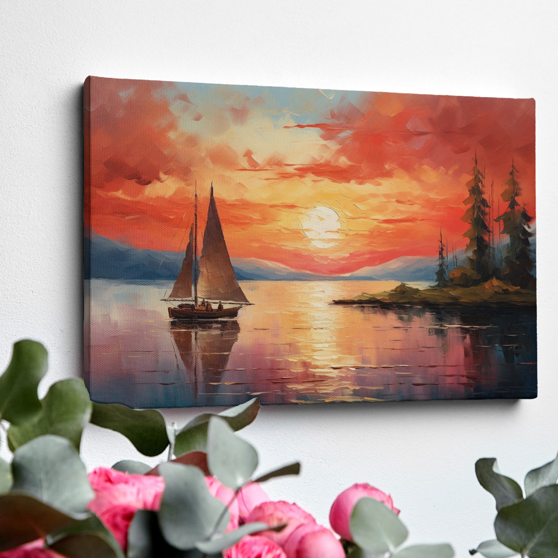 Framed canvas print of a sailboat sailing at sunset with vibrant sky and reflective water