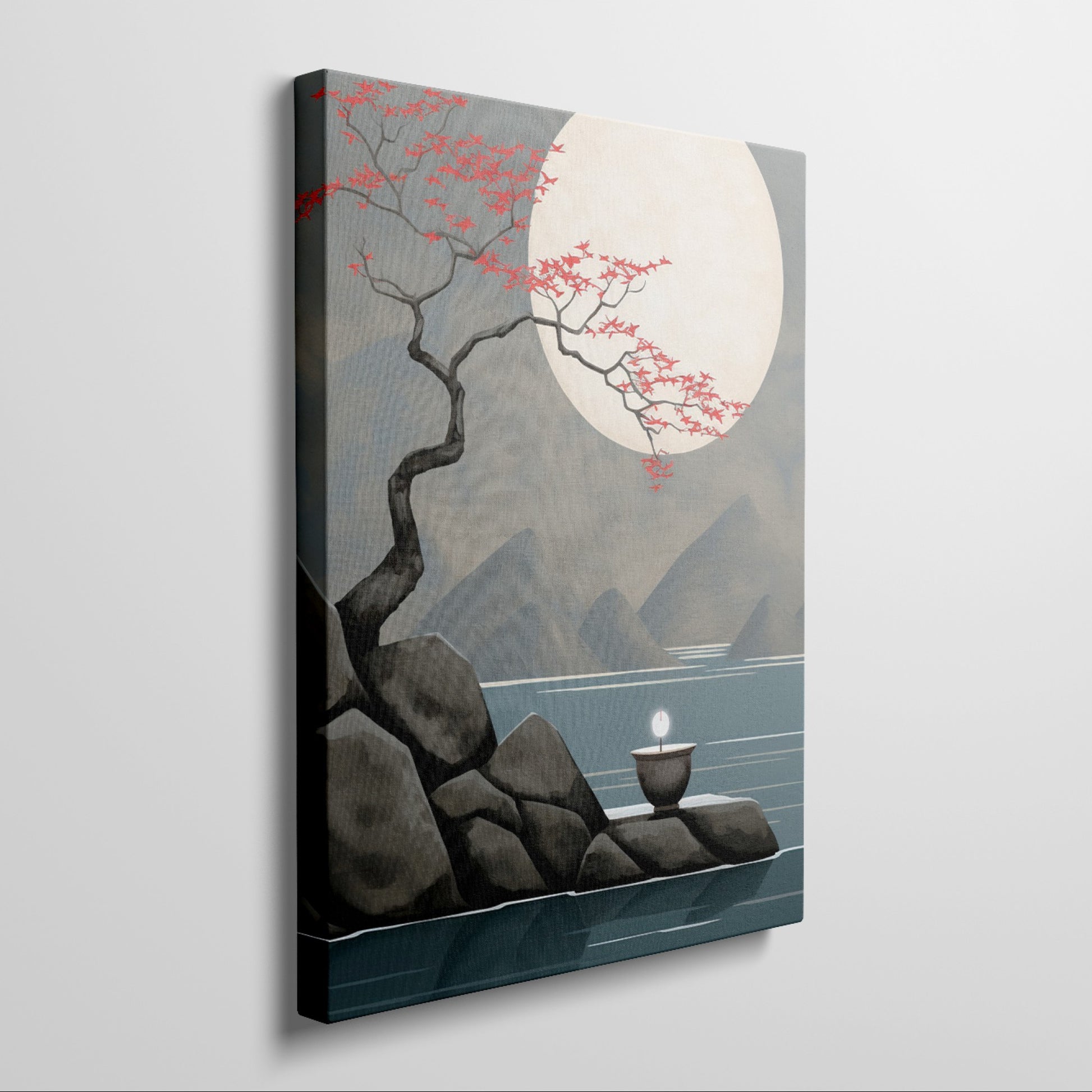 Framed canvas print of moonlit cherry blossoms over mountains with a gentle water reflection