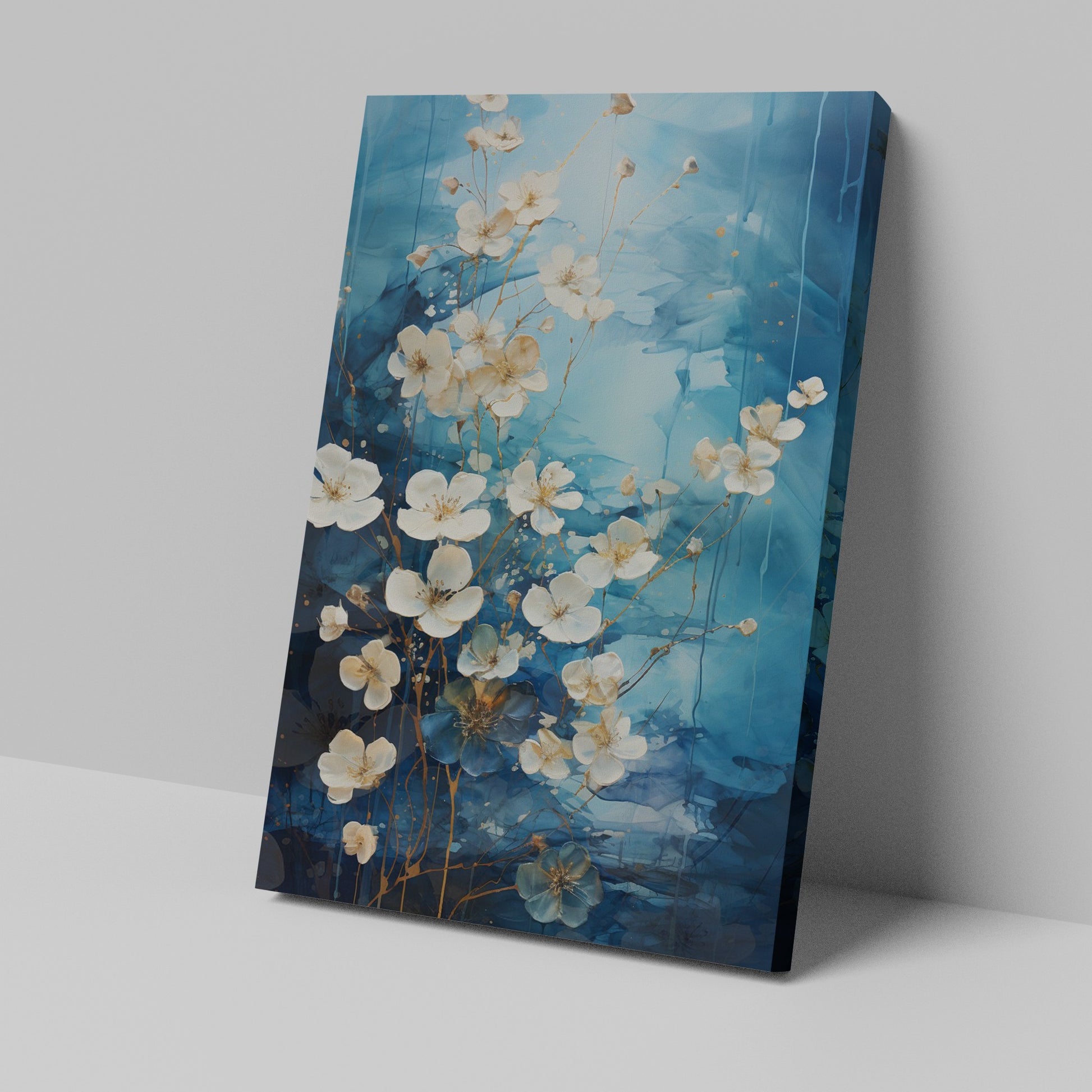 Framed canvas print of abstract blue and gold blossoms over a textured background