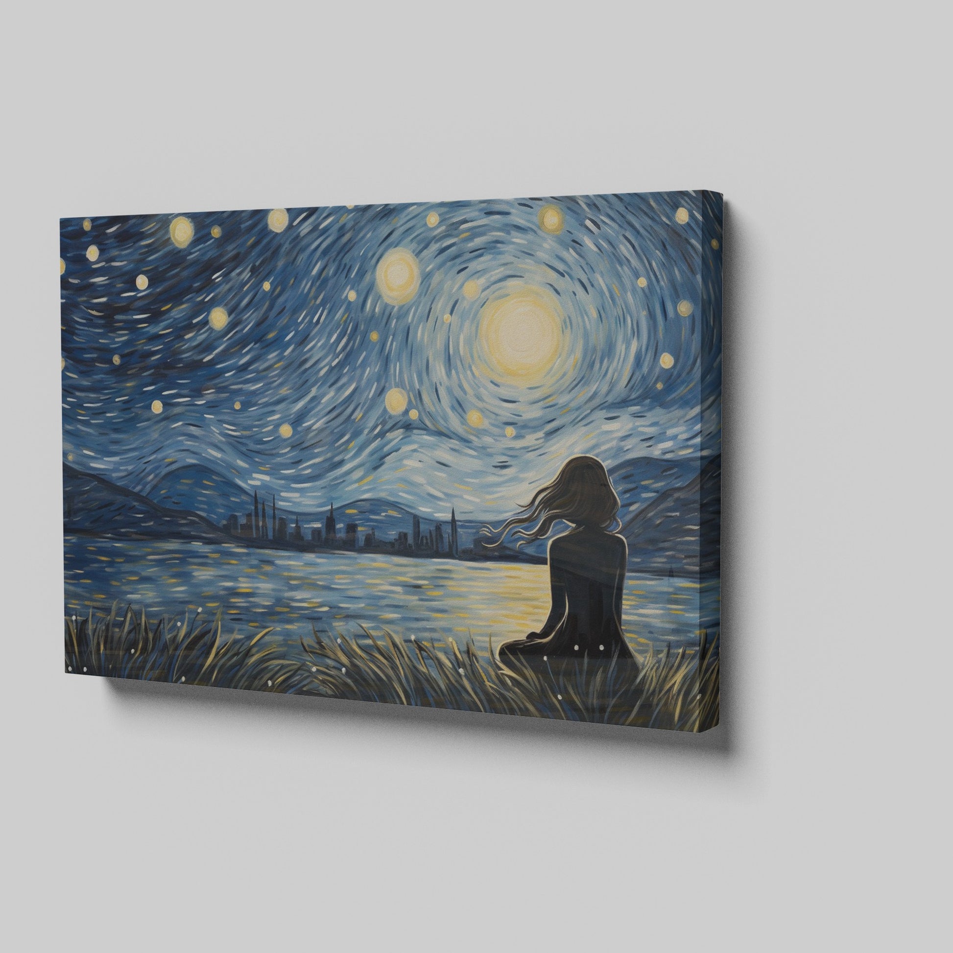 Framed canvas print of a Van Gogh-inspired starry night with a city silhouette and contemplative figure