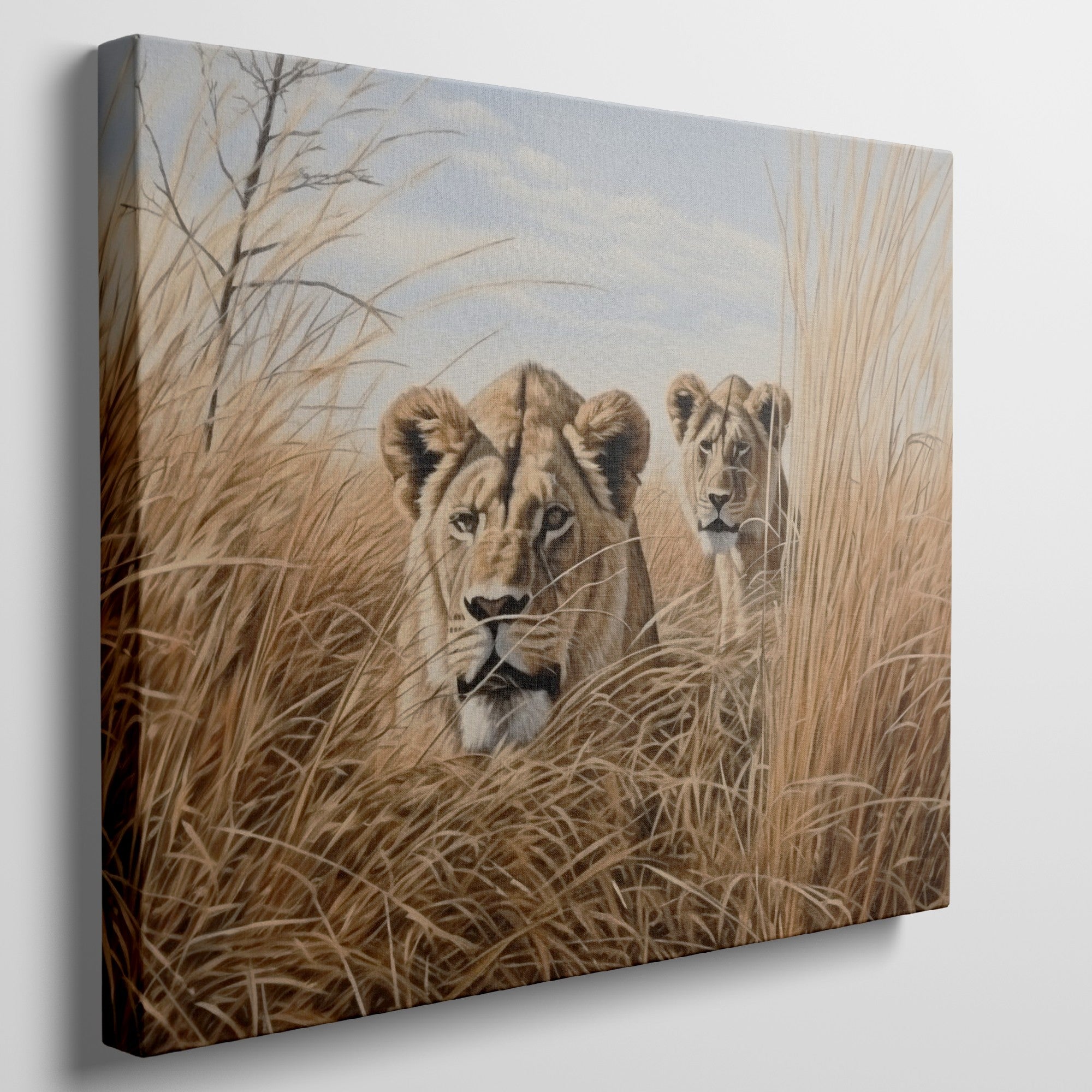 Framed canvas print of two lions in golden savannah grass