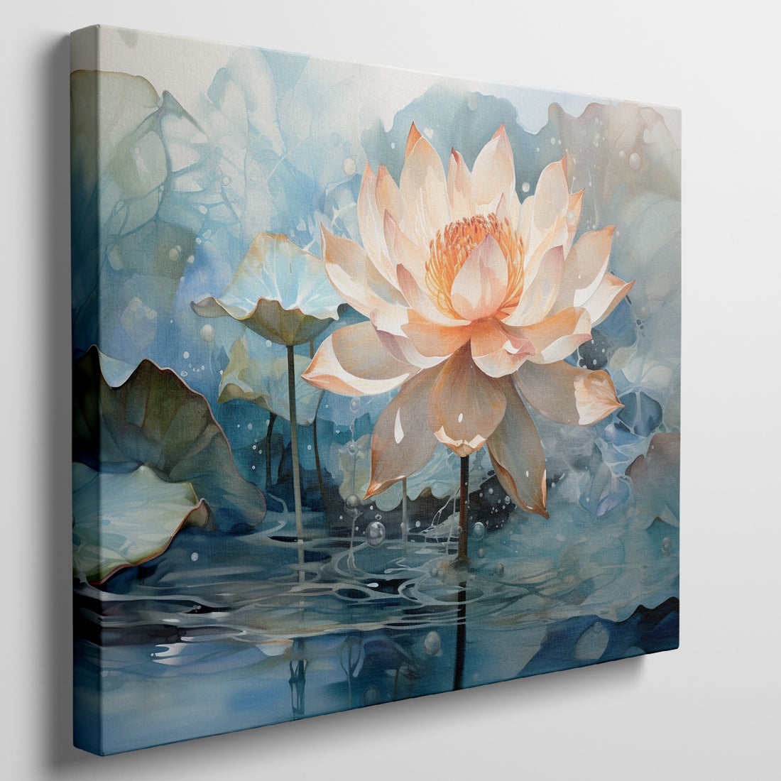 Framed canvas print of a blooming lotus flower with lush blue and orange hues