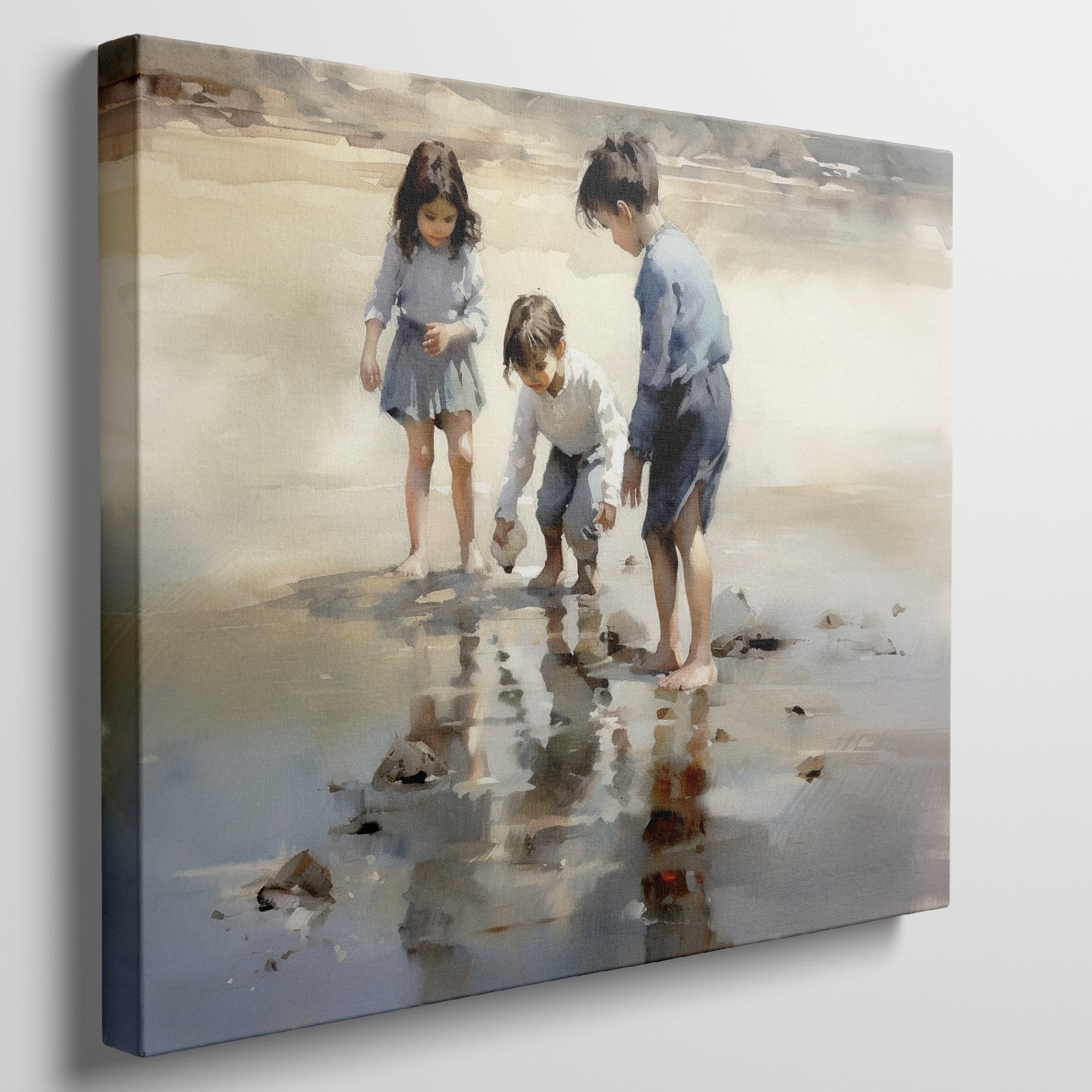 Framed canvas print of children playing by the seashore with a watercolor effect