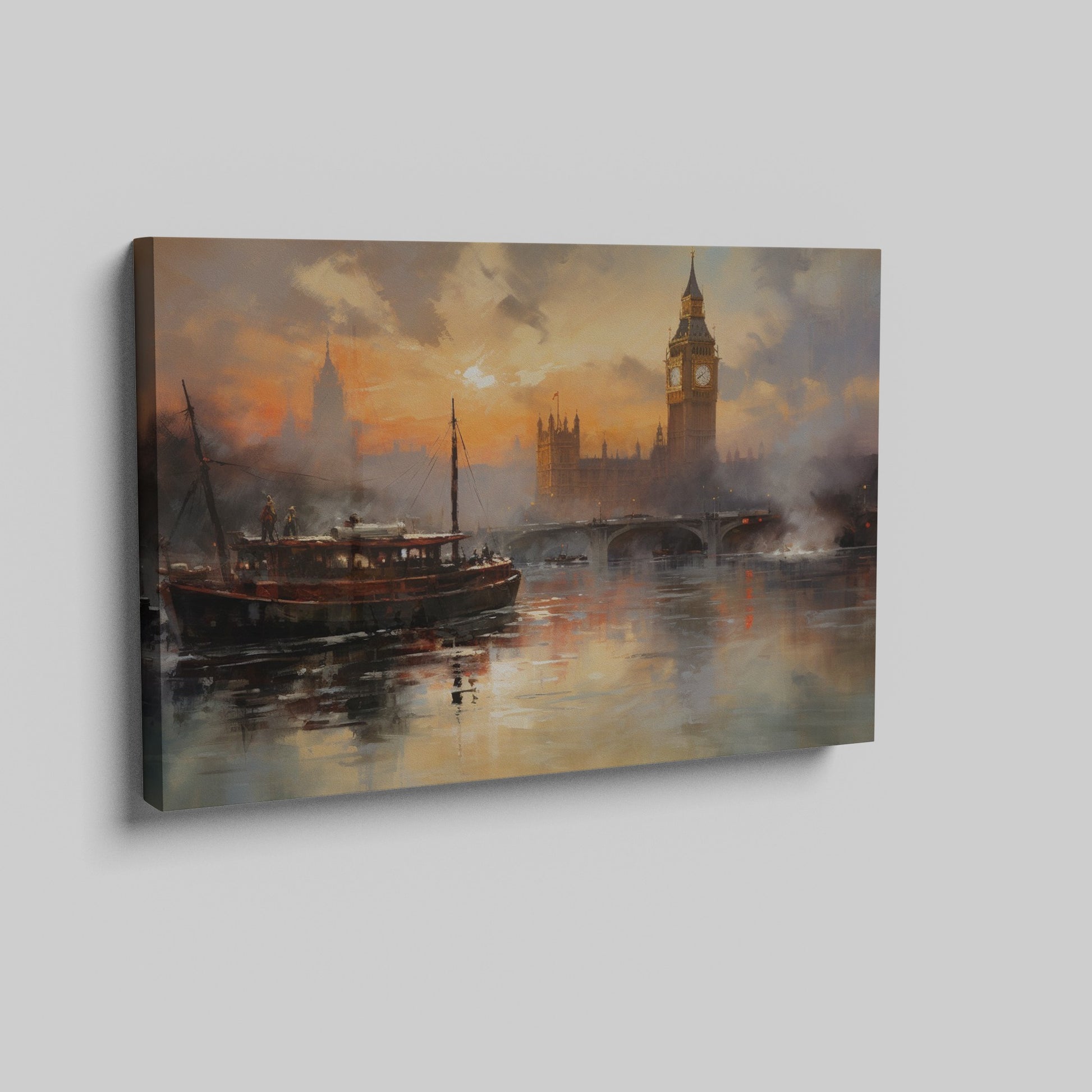 Framed canvas print of London's Big Ben and River Thames at sunset with warm orange hues