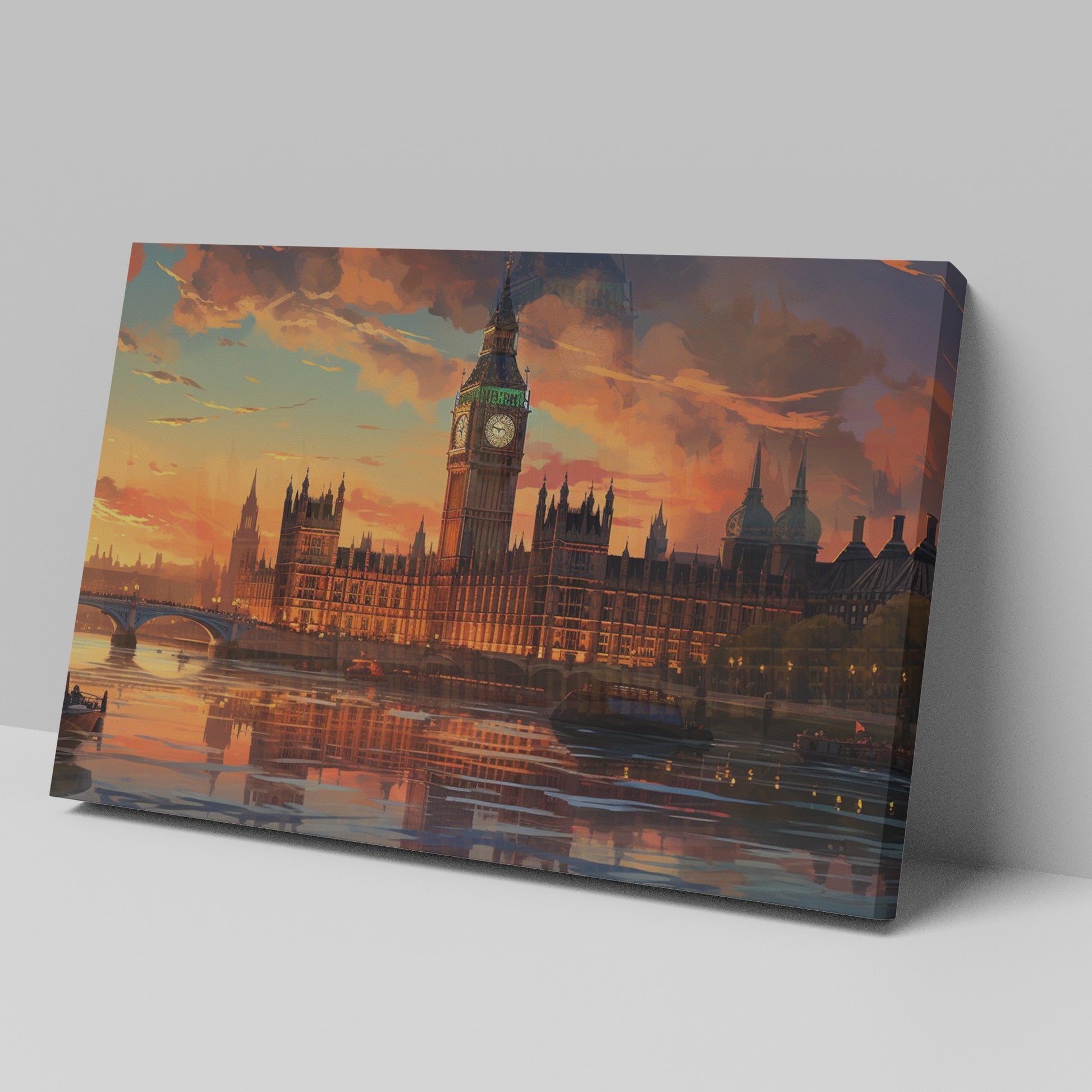 Framed canvas print of a colourful sunset over Big Ben and the London skyline, with stark reflections in the River Thames.